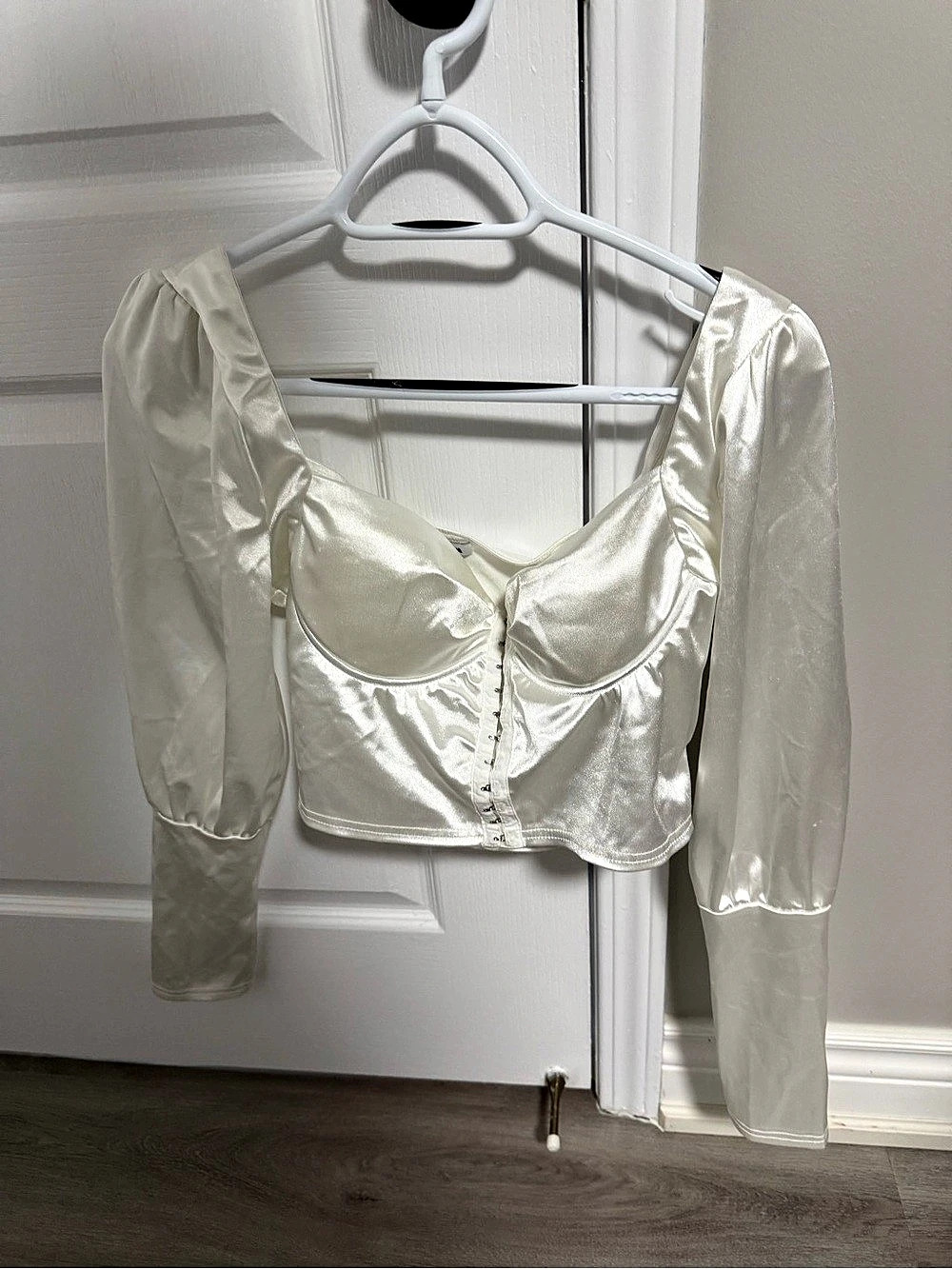 Fashion Nova Satin-Look Long Sleeve Crop Top in White Like New